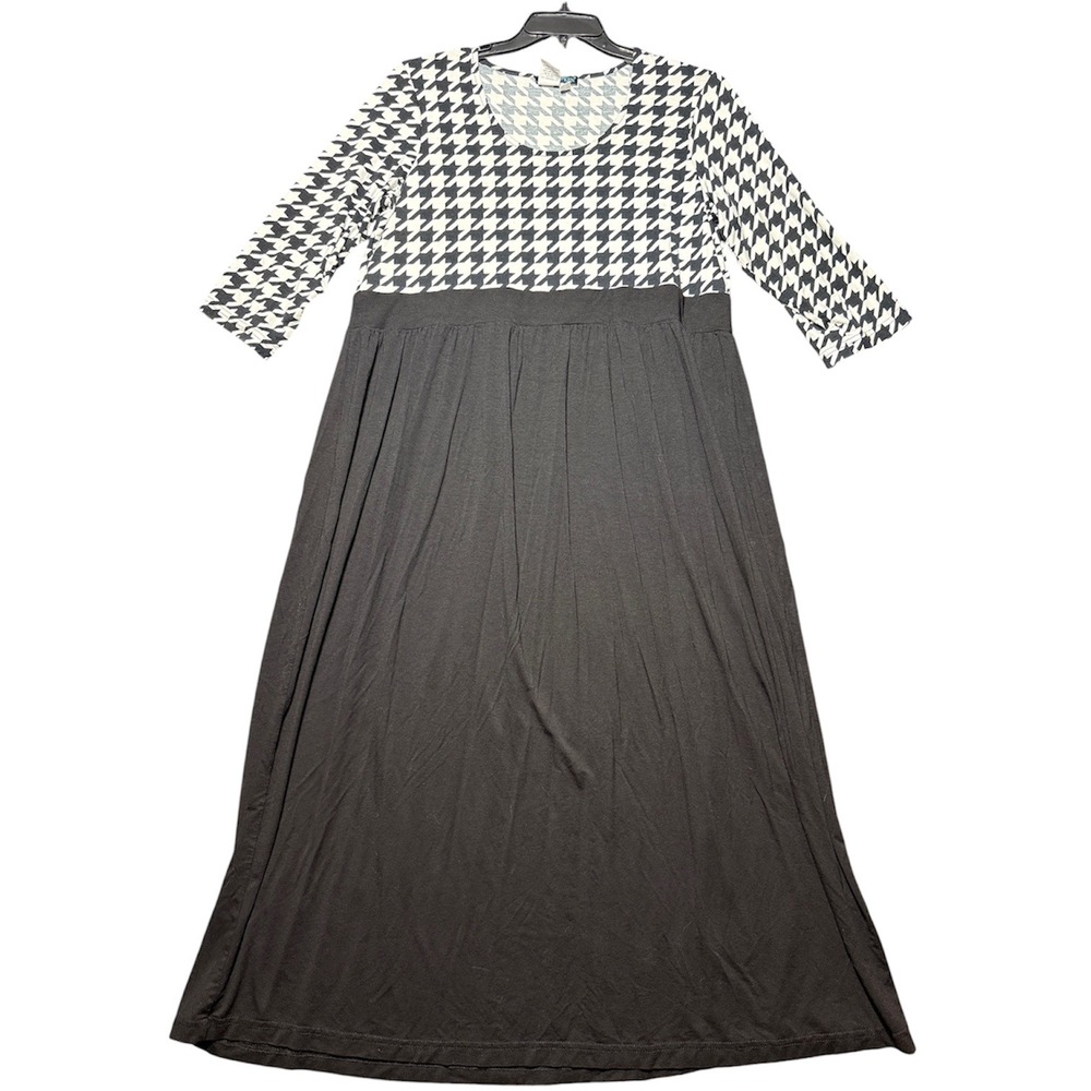 Ulla Popken Maxi Dress Women 12/14 Black Houndstooth Empire Waist 3/4 Sleeve